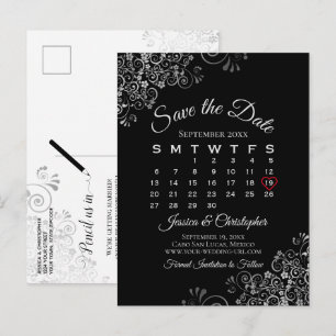 Lacy Gray on Black Wedding Save the Date Calendar Ankündigungspostkarte