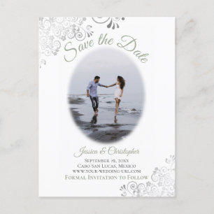Lacy Sage Green Wedding Save the Date Foto Ankündigungspostkarte