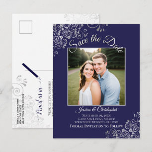 Lacy Silber Hochzeit Navy Blau Save the Date Foto Ankündigungspostkarte