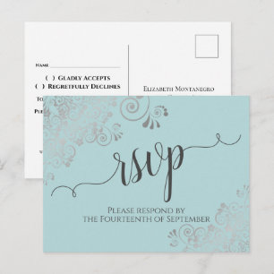 Lacy Silber-Kalligrafie-Mint-Türkis-Hochzeits-RSVP Postkarte