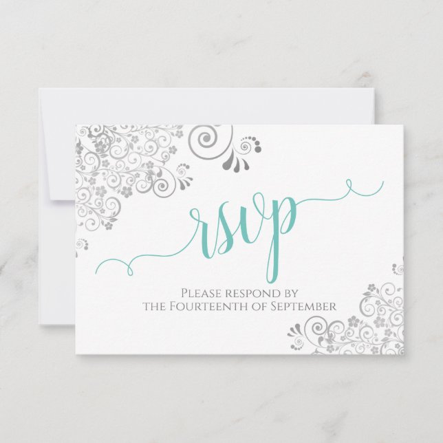 Lacy Silver & Aqua auf White-Elegante-Script-Hochz RSVP Karte (Vorderseite)