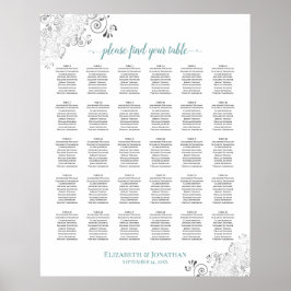 Lacy Silver & Aquamarin 30 Table Wedding Seating C Poster