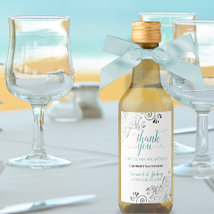 Lacy Silver & Aquamarin auf White Wedding Danke Mi Weinetikett