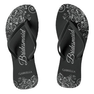 Lacy Silver auf Black Elegante Brautjungfrau Hochz Flip Flops