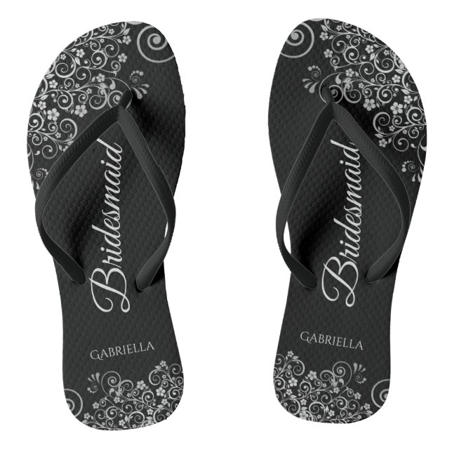 Lacy Silver auf Black Elegante Brautjungfrau Hochz Flip Flops (Fußbett)