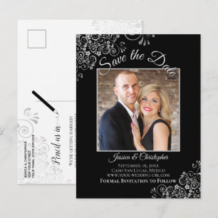 Lacy Silver auf schwarzer Hochzeit Save-the-Date-F Ankündigungspostkarte