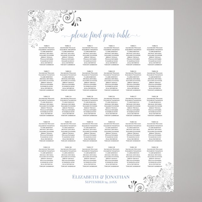 Lacy Silver & Blue 30 Table Wedding Seating Chart Poster (Vorne)