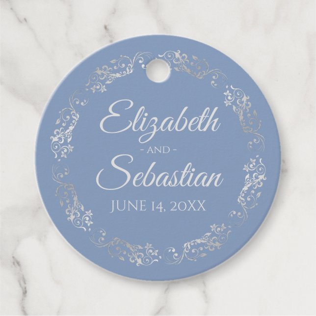 Lacy Silver Border Elegant Dusty Blue Wedding Geschenkanhänger (Vorderseite)
