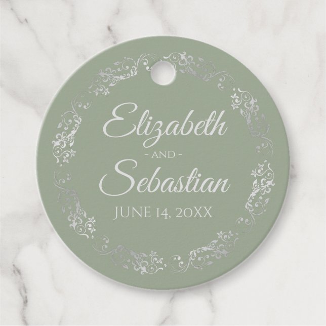 Lacy Silver Border Elegantsage Grüne Hochzeit Geschenkanhänger (Vorderseite)