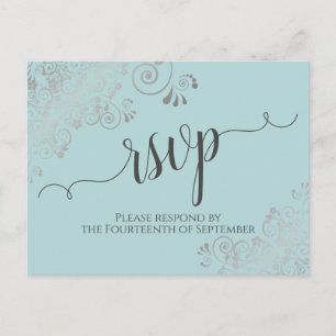 Lacy Silver Calligrafy Mint Aquamarin Wedding RSVP Postkarte