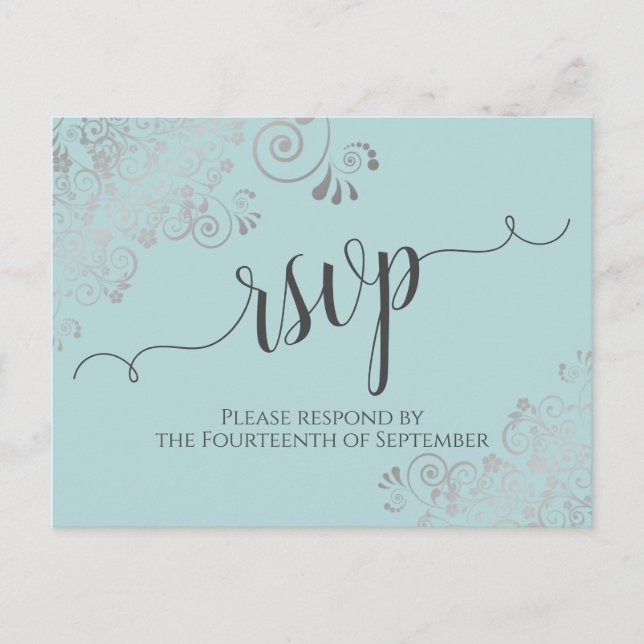 Lacy Silver Calligrafy Mint Aquamarin Wedding RSVP Postkarte (Vorderseite)