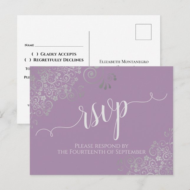 Lacy Silver Calligraphy Lavender Wedding RSVP Postkarte (Vorne/Hinten)
