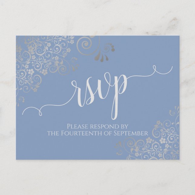 Lacy Silver Calligraphy Light Blue Wedding RSVP Postkarte (Vorderseite)