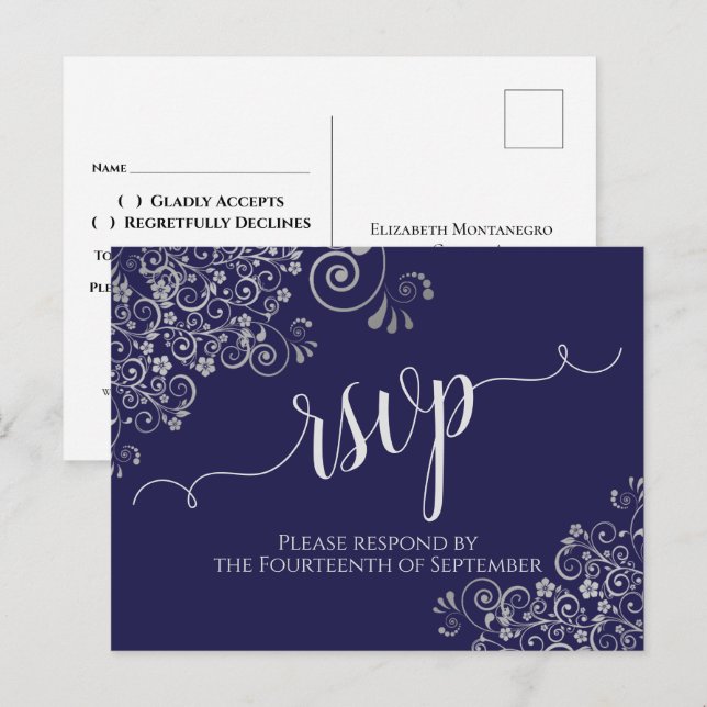 Lacy Silver Calligraphy Navy Blue Wedding RSVP Postkarte (Vorne/Hinten)