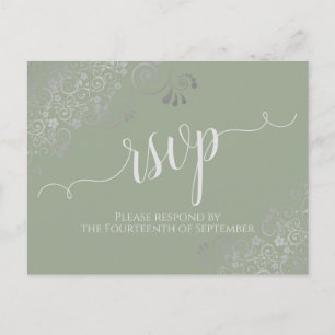 Lacy Silver Calligraphy Sage Green Wedding RSVP Postkarte