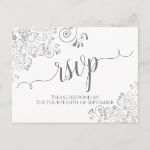 Lacy Silver Calligraphy White & Gray Wedding RSVP Postkarte