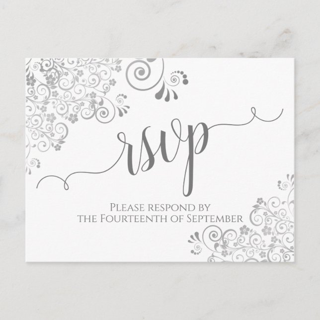 Lacy Silver Calligraphy White & Gray Wedding RSVP Postkarte (Vorderseite)
