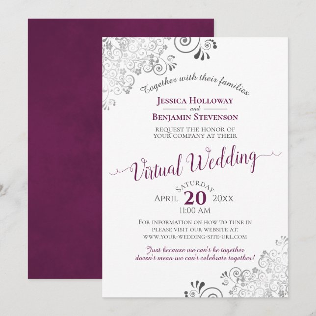 Lacy Silver Cassis Lila & White Virtual Wedding Einladung (Vorne/Hinten)