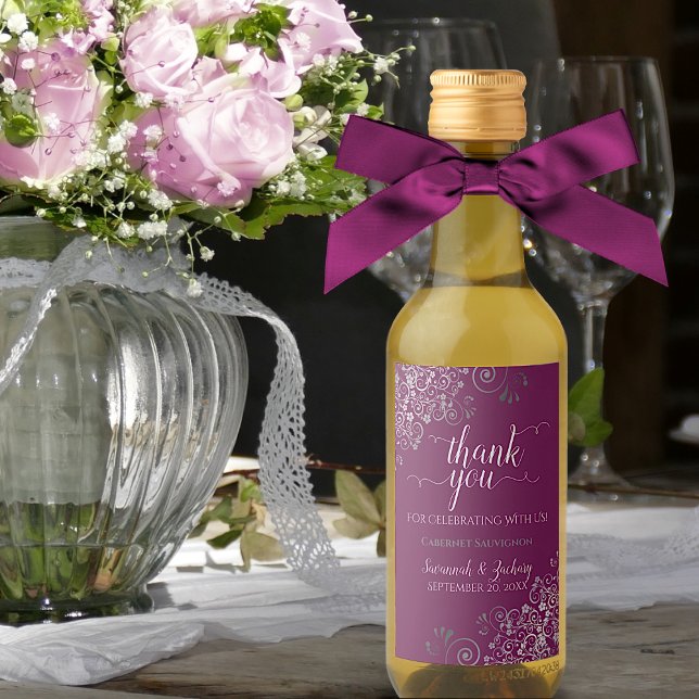 Lacy Silver Cassis Magenta Wedding Danke Mini Weinetikett (Von Creator hochgeladen)