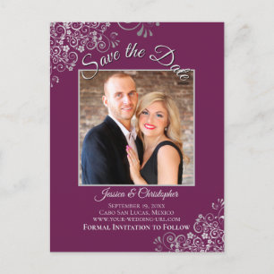 Lacy Silver & Cassis Wedding Save the Date Foto Ankündigungspostkarte