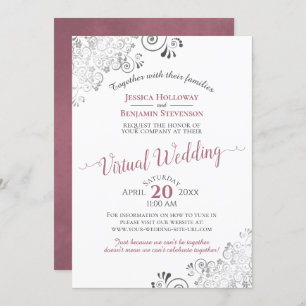 Lacy Silver Dusty Rose & White Virtual Wedding Einladung