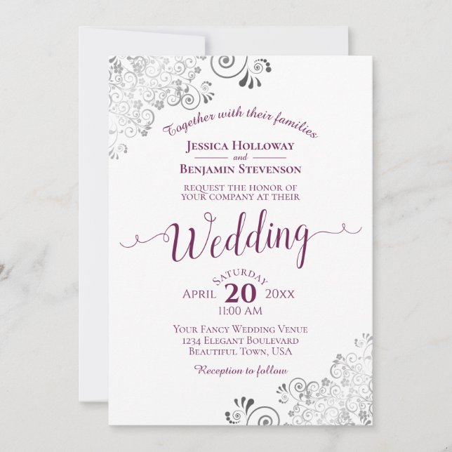 Lacy Silver Elegante Cassis Lila auf White Wedding Einladung (Vorderseite)