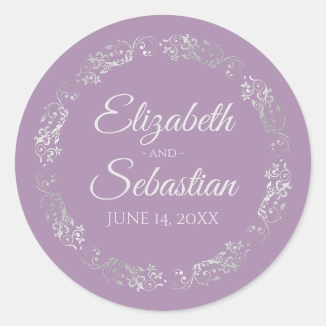 Lacy Silver Filigree Elegante Lavender Wedding Runder Aufkleber (Vorderseite)