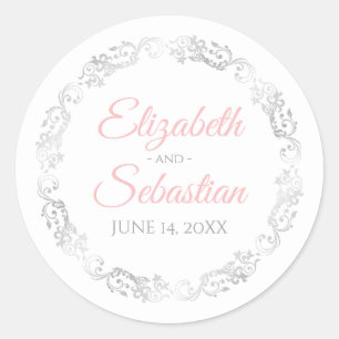 Lacy Silver Filigree Elegantes Rosa auf weißer Hoc Runder Aufkleber