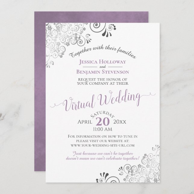 Lacy Silver Lavender & White Virtual Wedding Einladung (Vorne/Hinten)
