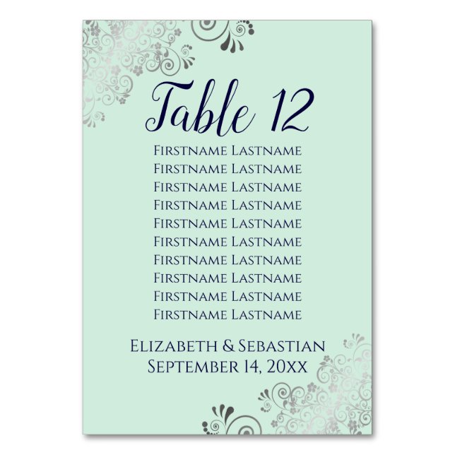 Lacy Silver, Navy Mint Green Wedding Chart Tischnummer (Vorderseite)