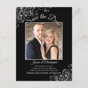 Lacy Silver on Black Wedding Save the Date Foto Ankündigungspostkarte