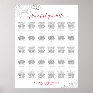 Lacy Silver & Red 30 Tisch Hochzeit Sitzordnung Poster