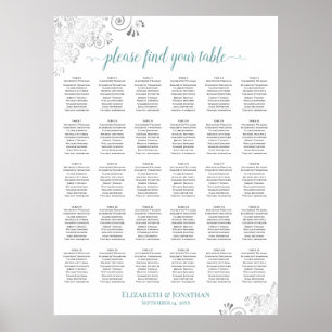 Lacy Silver & Teal 30 Tisch Hochzeit Sitzordnung Poster