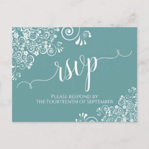 Lacy White Calligraphy on Aquamarin Wedding RSVP Postkarte