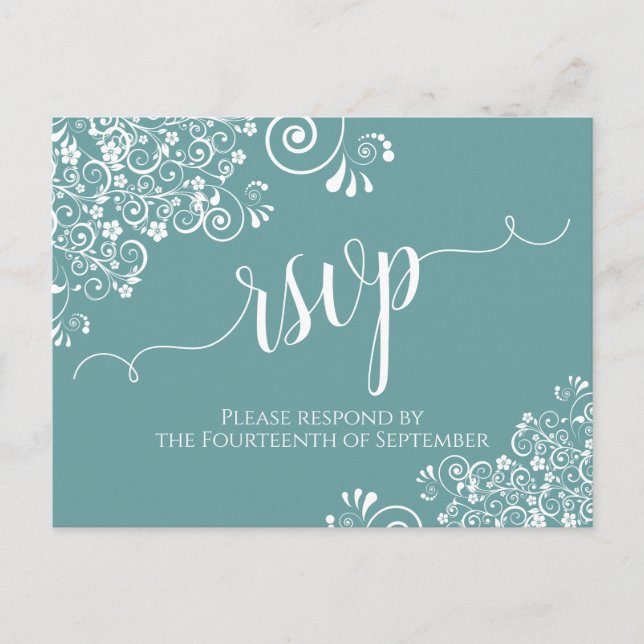 Lacy White Calligraphy on Aquamarin Wedding RSVP Postkarte (Vorderseite)