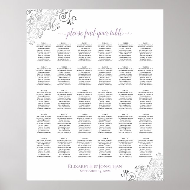 Lacy White Lavender 30 Table Wedding Seating Chart Poster (Vorne)