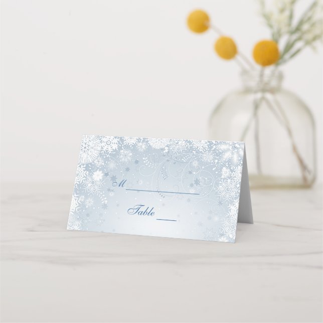 Lacy White Snowflakes auf Silver Blue Platzkarte (Vorderseite)