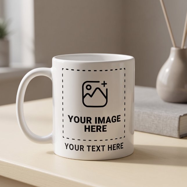 Laden Sie Ihr Bild und Ihren Text hoch Kaffeetasse (Simulated mug on table)