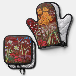 Ladries Garten in Rot  Ofenhandschuh & Topflappen-Set