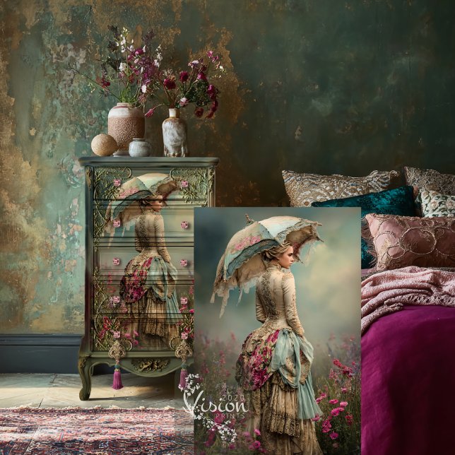 Lady & a Parasol Ethereal Floral Field Seidenpapier (French Woman, and Parasol, Ethereal Floral Field, Muted Teal and Fuchsia Pink Decoupage Tissue Paper)