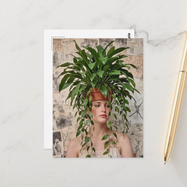  Lady and A Houseplant on her head  Postkarte (Vorderseite/Rückseite Beispiel)