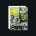 Lady and Men's Eyes Mixed Media Collage Postkarte<br><div class="desc">A mixed media collage made and photographed by Angelandspot in the year 2026 with vintage images from a magazine from 1968 on a colorful green and yellow background collage of various papers painted over to unify them before making the collage on top of that layer.</div>