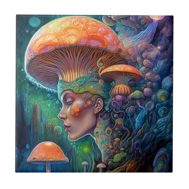 Lady and Mushrooms Surreal Fantasy Art Fliese (Vorderseite)