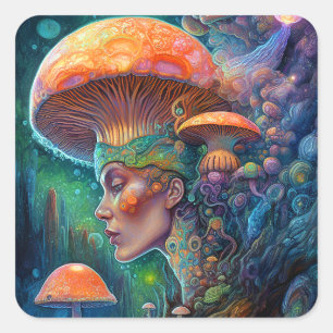 Lady and Mushrooms Surreal Fantasy Art Quadratischer Aufkleber