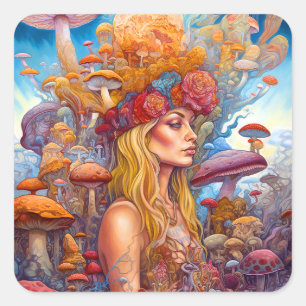 Lady and Mushrooms Surreal Fantasy Art Quadratischer Aufkleber