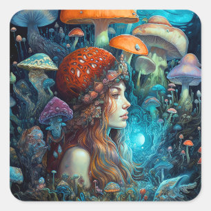 Lady and Mushrooms Surreal Fantasy Art Quadratischer Aufkleber