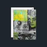 Lady and the Doctors Mixed Media Collage Postkarte<br><div class="desc">A mixed media collage made and photographed by Angelandspot in the year 2026 with vintage images from a magazine from 1968 on a colorful green and yellow background collage of various papers painted over to unify them before making the collage on top of that layer. The lady was injured in...</div>