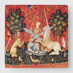 LADY AND UNICORN Fantasy Flowers,Animals,Gemstones Quadratische Wanduhr