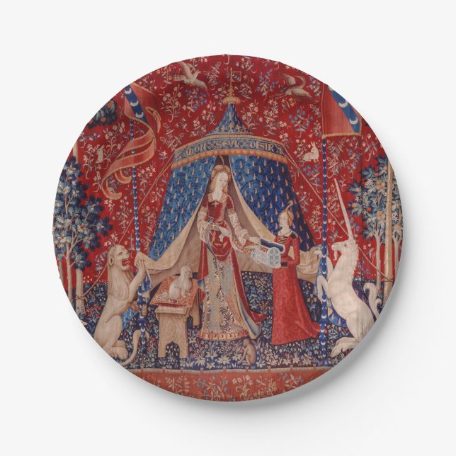 Lady and Unicorn Medieval Tapestry Desire Pappteller (Vorderseite)
