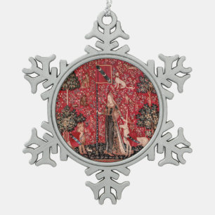 Lady and Unicorn Medieval Tapestry Touch Schneeflocken Zinn-Ornament